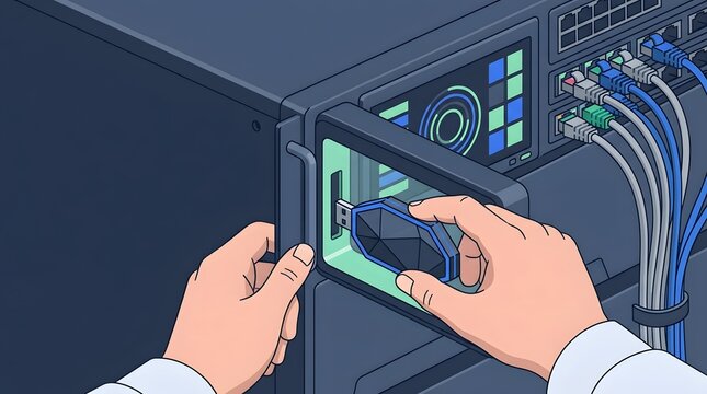 IT Engineer Inserting USB Hardware Security Key Dongle into Server Rack in Modern Data Center Artwork