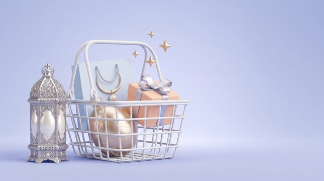 Elegant shopping basket filled with gifts and jewelry on pastel background