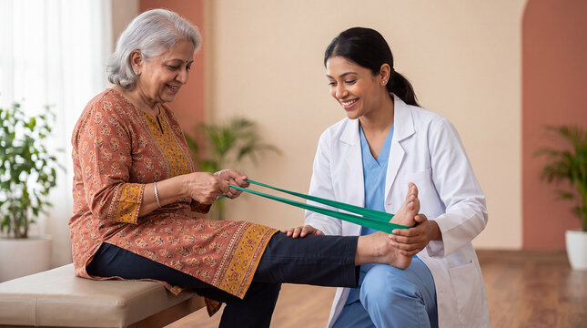 female physiotherapist doing work out from senior woman patient