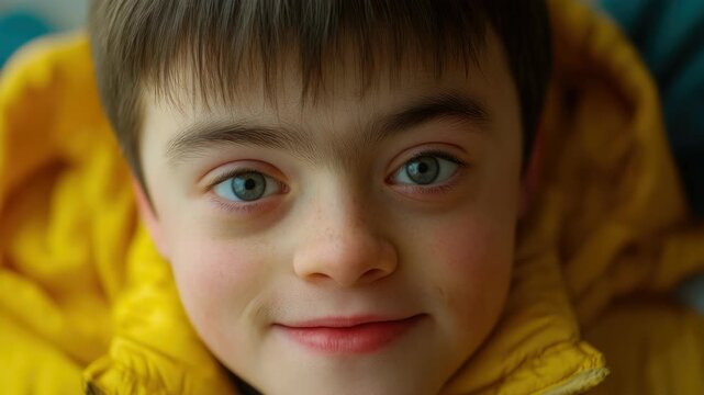 Close-up Portrait of a Smiling Boy with Freckles and a Yellow Jacket