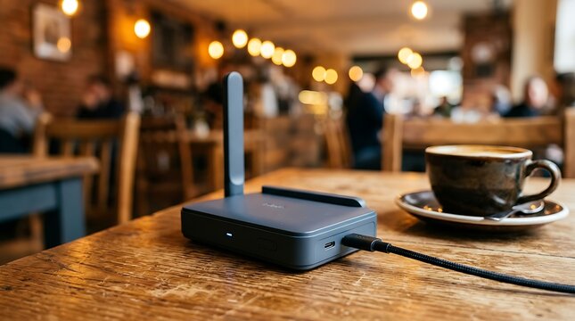 Portable wireless router on cafe table with coffee cup, mobile hotspot device for remote work in restaurant, black wifi modem with antenna providing internet connection in public space.