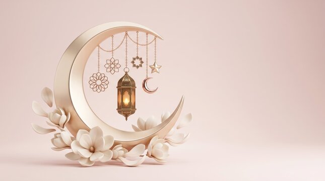 Elegant crescent moon decoration with flowers and lantern for Ramadan or Islamic celebration