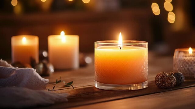 Glowing Candles in a Glass Jar and Pillar Tapers on a Rustic Wood Surface with Festive Bokeh