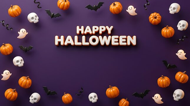 Happy halloween festive background with pumpkins and ghost decorations