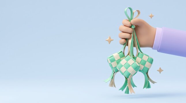 Hand holding colorful woven ketupat decorations on pastel background