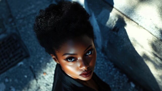 Close-up of a Young Black Woman with a Large Afro and Intense Gaze