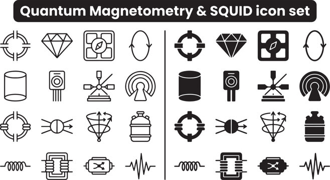 Quantum Magnetometry and SQUID Sensor Icon Set Featuring Linear and Solid Black Vector Graphic Symbols