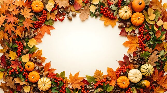 Autumn floral arrangement forming a circular frame with pumpkins