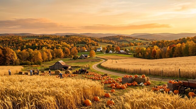 Golden autumn landscape with fields and distant trees at sunset