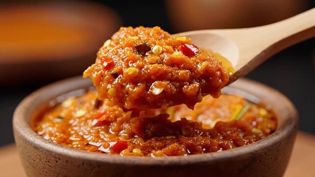 Hot Chili Pepper Sauce Being Scooped with a Wooden Spoon in a Bowl