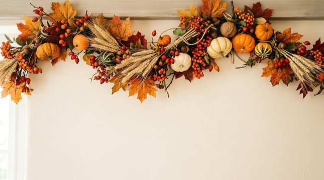 Colorful dried flower garland against a neutral wall