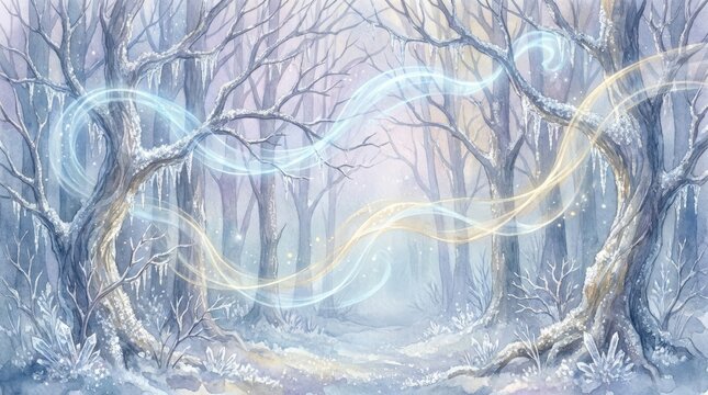 A magical, ethereal winter forest scene.