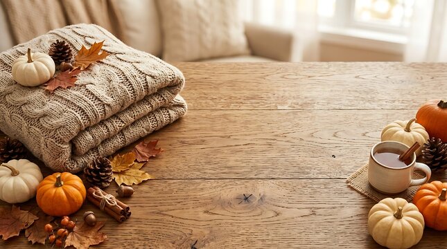 Cozy autumn still life with pumpkins and warm textiles