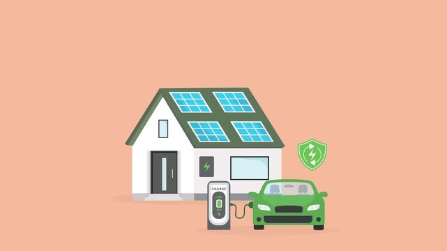 Green House with Solar Panels and Electric Vehicle Charging &ndash; Renewable Energy and Savings Concept
