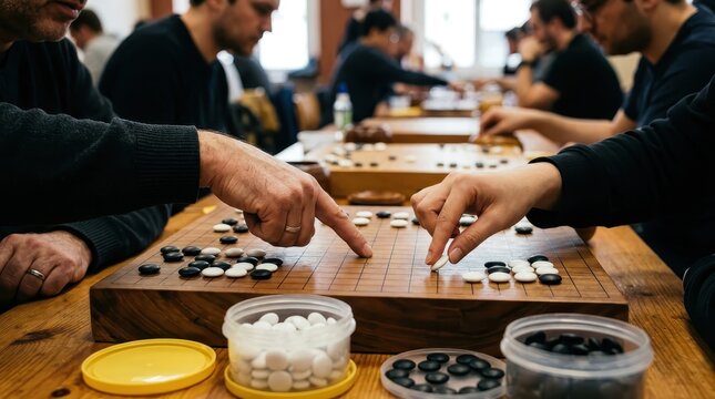Close-up of Hands Playing Go Board Game in a Professional Tournament Setting with Black and White Stones