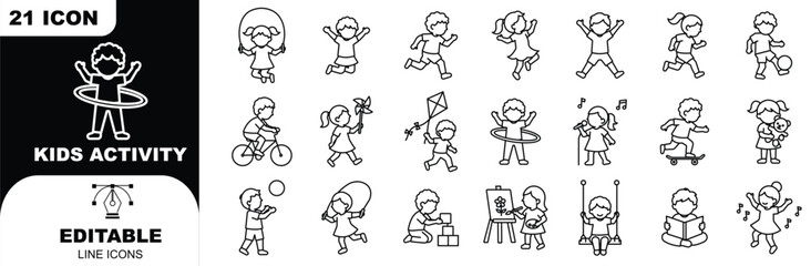 Kids Activities icons in line design. kids, activities, children, play, learning, fun, creativity on white background vector. Kids Activities editable stroke icon  ©  