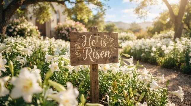 A weathered wooden sign reads "He is Risen" and stands in a field of blooming white lilies.