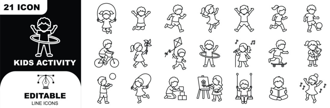 Kids Activities icons in line design. kids, activities, children, play, learning, fun, creativity on white background vector. Kids Activities editable stroke icon 