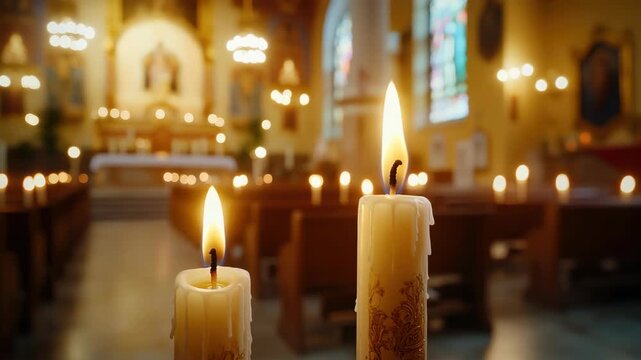 Lit Prayer Candles in a Warm Church Interior