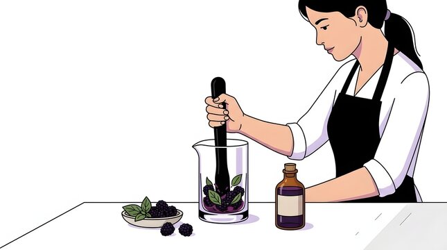 Female bartender muddling fresh blackberries and mint in mixing glass for craft cocktail recipe