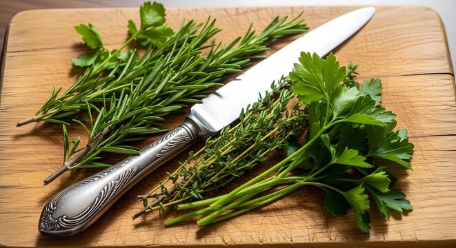 Fresh green herbs with a sharp kitchen knife on a rustic wooden cutting board for cooking