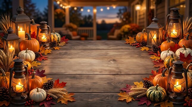 Autumn harvest scene with pumpkins and warm light on wooden table