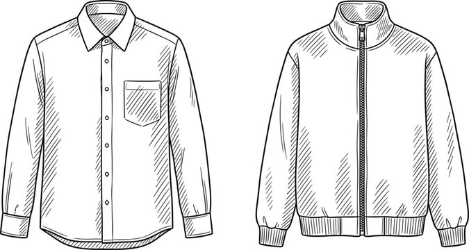 Hand drawn button down shirt and zip up jacket sketch style vector clothing illustration