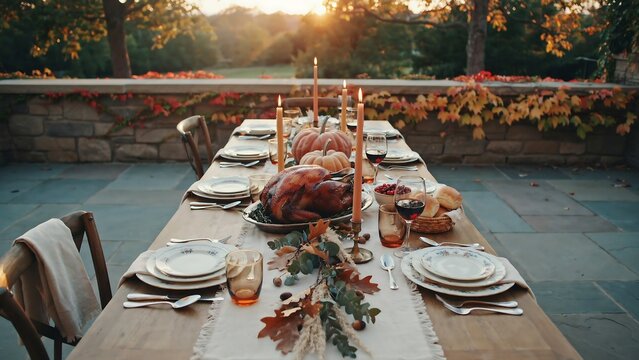 Elegant outdoor dinner party with a long table and autumn foliage