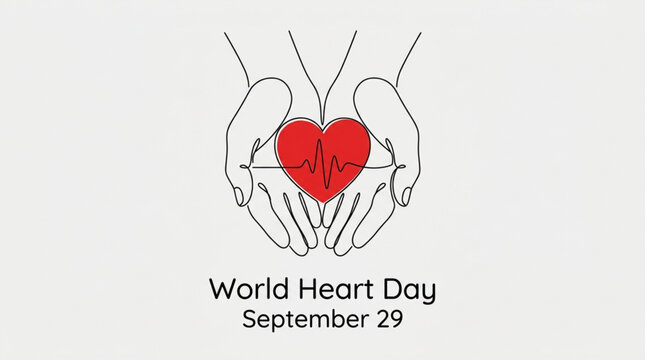 World heart day line art illustration with hands holding a red heart