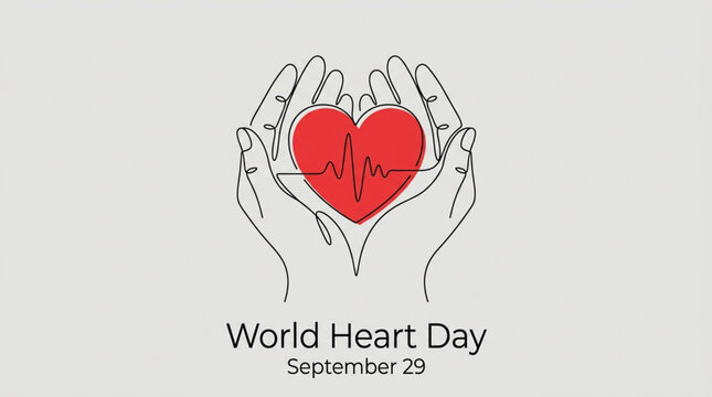 World heart day line art illustration with hands and pulse