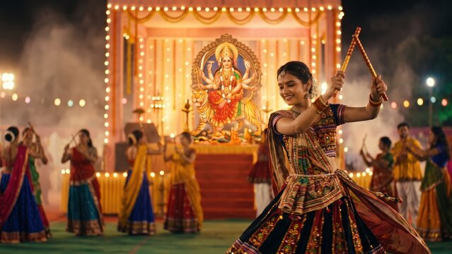 Garba Night &mdash; Devotee Dancing Before Amba Mata Idol at Navratri
