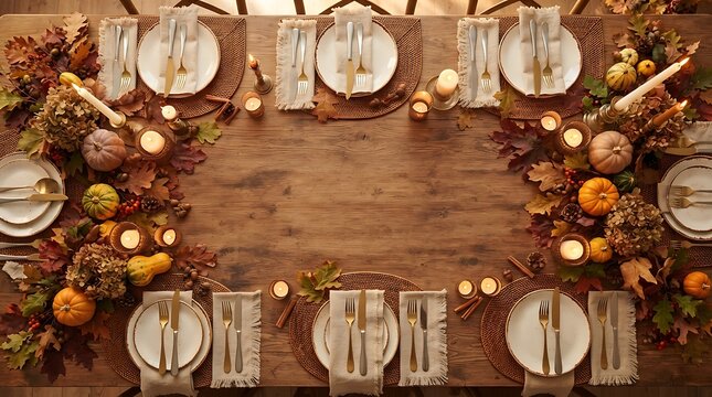 Elegant autumn table setting with pumpkins and fall foliage