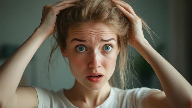 Close-up of a shocked blonde woman with hands in her hair