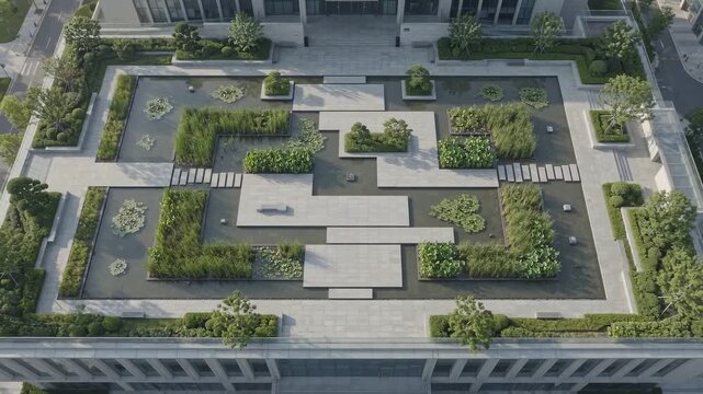 Modern rooftop garden with geometric paths and greenery