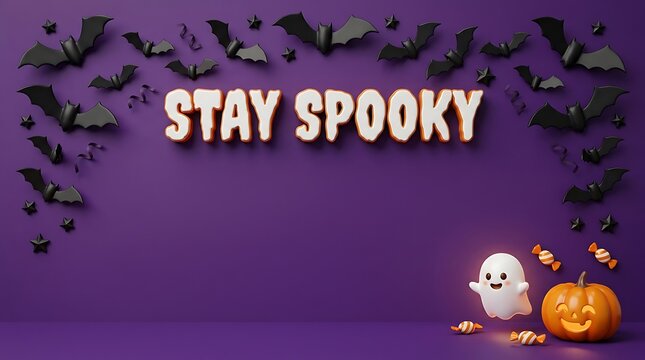 Halloween background with bats ghost and pumpkin with spooky text