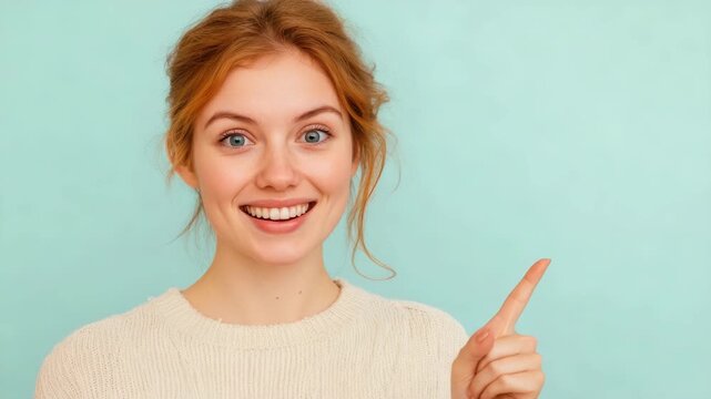 Smiling woman with red hair and freckles pointing up to share information