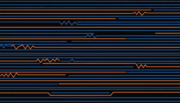Blue and orange electronic circuit paths with resistor symbols stretching horizontally on a dark background.