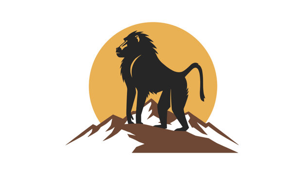 Beautiful stylized baboon silhouette standing on mountain peaks in front of a giant orange sun vector illustration.