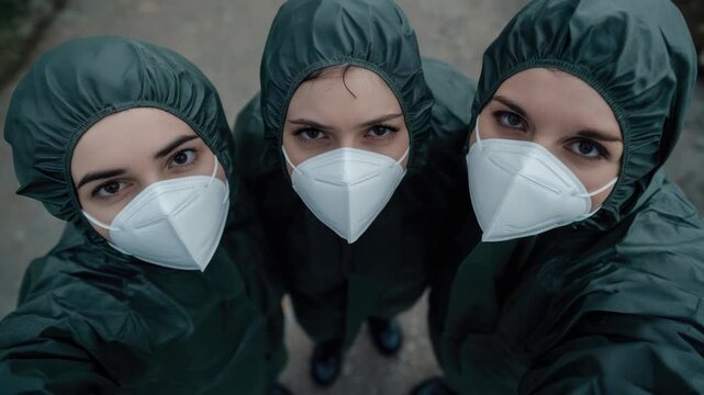 Trio of Women in Hazmat Suits and Respirator Masks