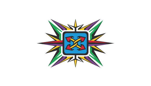 Abstract colorful star burst compass logo with a central blue box containing crossing red and yellow arrows.