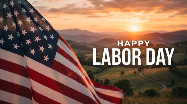 Happy labor day greeting with a waving american flag against a beautiful sunset over rural hills landscape