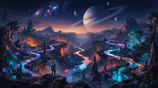 A lone astronaut stands on a rocky precipice overlooking a vibrant, alien landscape.