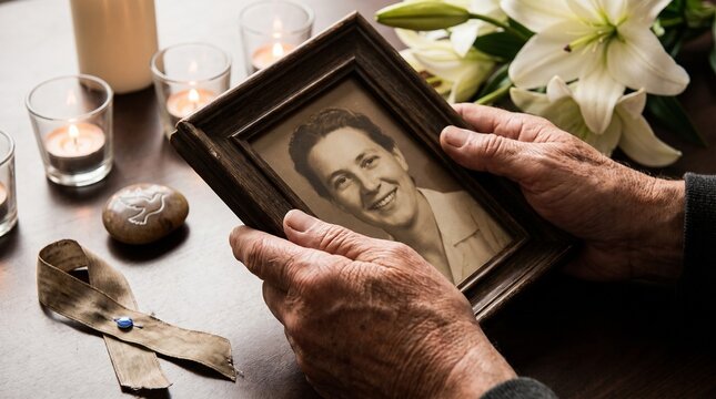 Remembering a Loved One A Gentle Hand Holds a Cherished Photograph, Surrounded by Symbols of Remembrance
