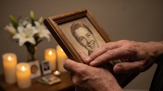 A person fondly remembers a loved one by holding a cherished framed photograph surrounded by flickering candles and a bouquet of lilies