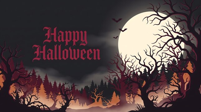 A spooky dark forest background with a large full moon and the text happy halloween displayed in elegant gothic font
