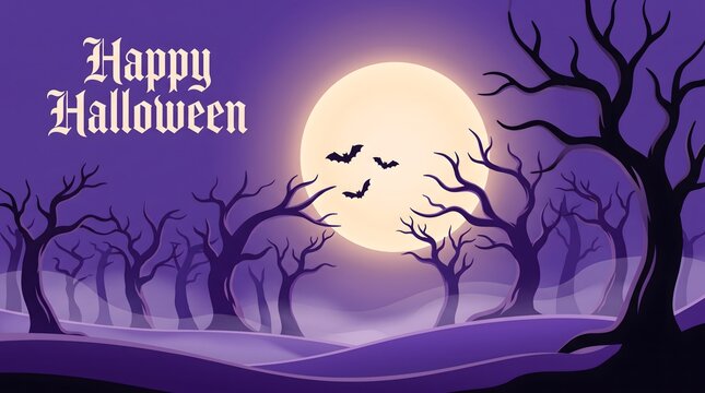 A spooky forest landscape with a bright glowing full moon and silhouettes of bare trees wishing you a happy halloween