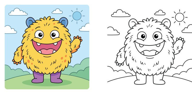 Cute Cartoon Monster Coloring Page for Kids with Color Guide and Line Art Vector Illustration