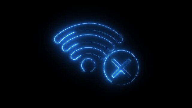 no signal WIFI internet icon animation glowing neon cross broadband no wireless cancel network signal computer and mobile phone wrong network sign symbol.4k motion video..