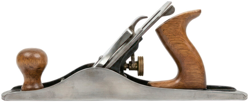 Vintage metal woodworking hand plane with wood handles.