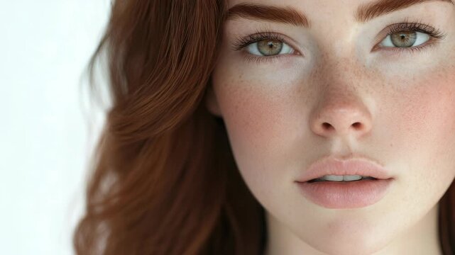 Close-up portrait of a woman with red hair and freckles